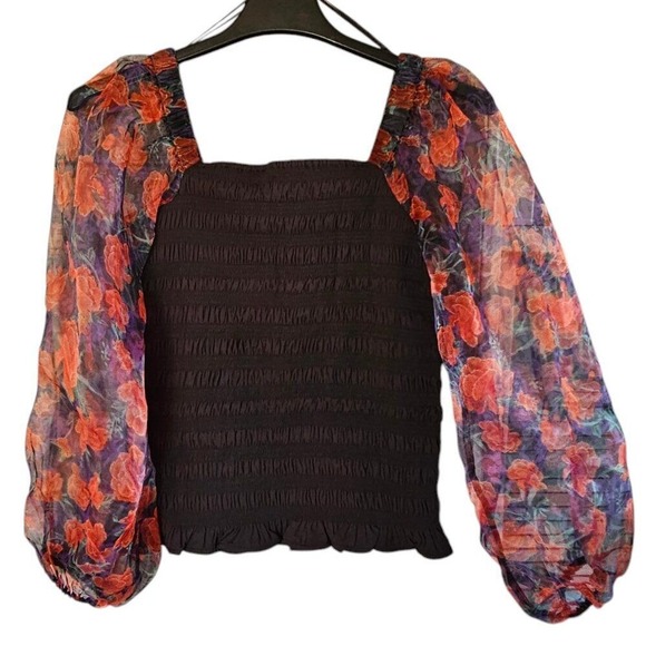 Calligraphie Rosette Floral‎ Puff Sleeve Tube Smocked Blouse Shirt Size Medium - Picture 5 of 6